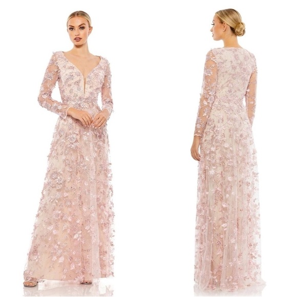 NWT Mac Duggal 70224 Pink Floral Applique Long Sleeve Illusion Gown Sz 8 & 10